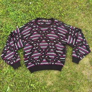 Vtg Fluid Knit Pullover Sweater Sz Medium Geometric Black Gray Magenta Made USA